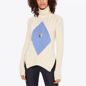 Tory Burch Nel Aryle Blue Diamond Cable Knit Turtleneck Sweater